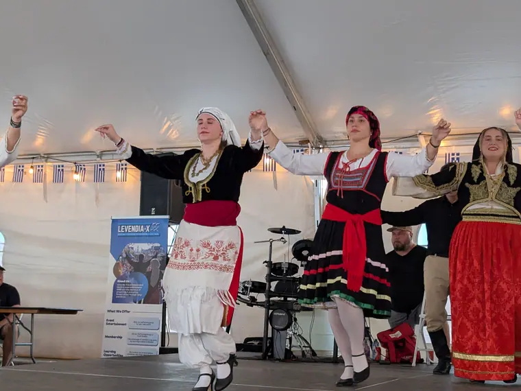 Performers in traditional costume taking the stage together