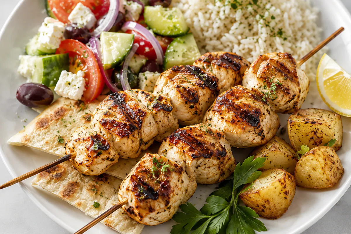 Grilled chicken skewers with rice, roast potatoes, Greek salad and pita
