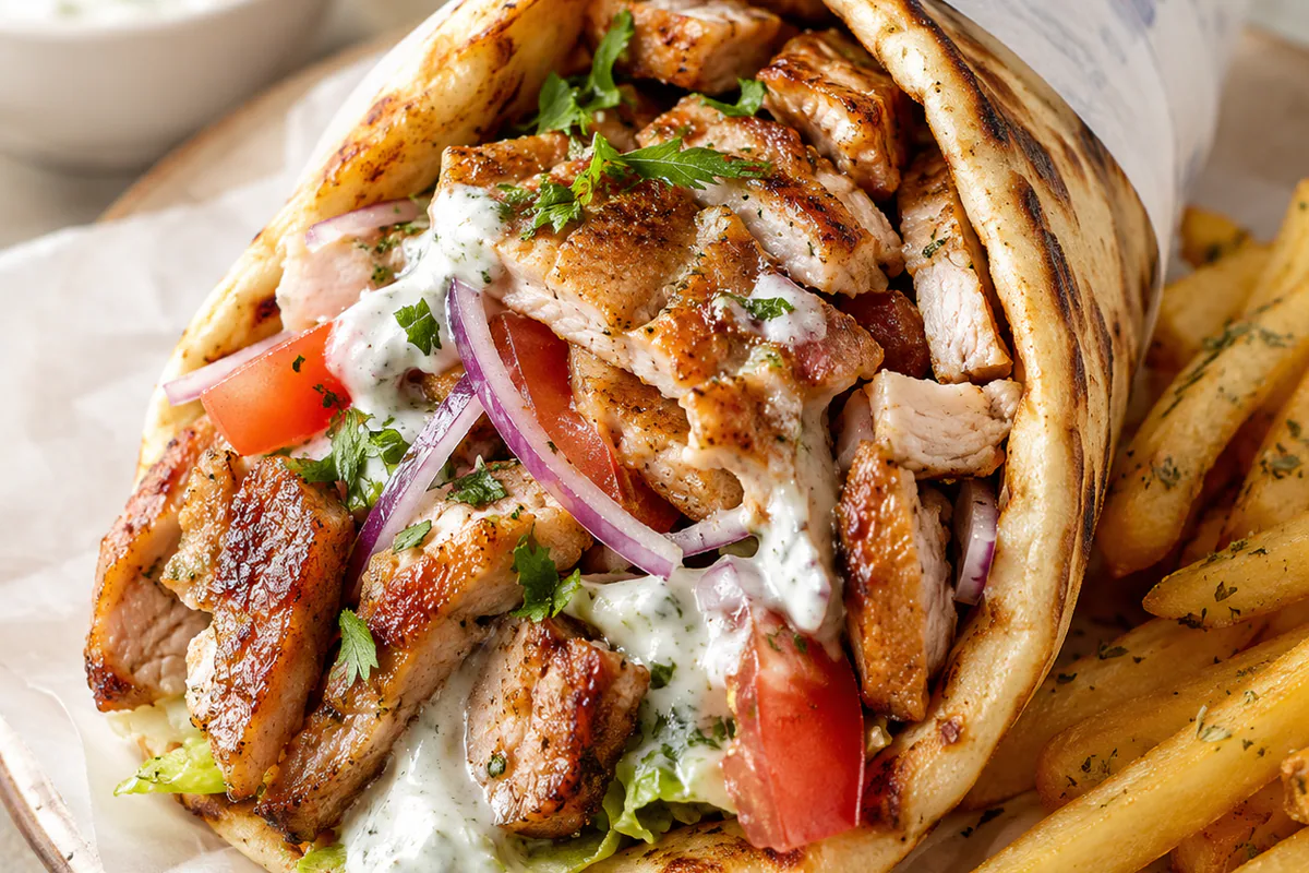 A gyro pita wrapped and filled with grilled meat, tomato and tzatziki, served with fries